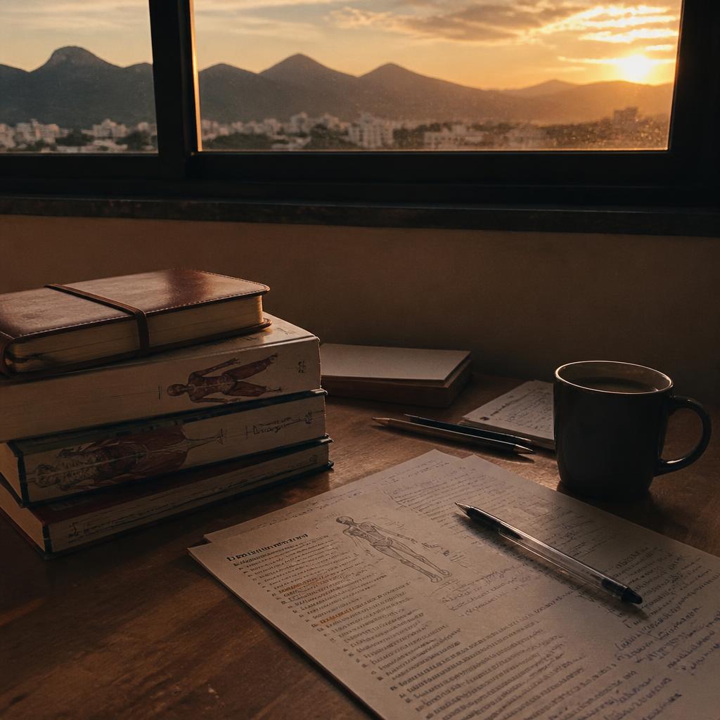 Mesa de estudo em Belo Horizonte ao entardecer com livros de anatomia, caderno, xícara de café e prova impressa com anotações à caneta.