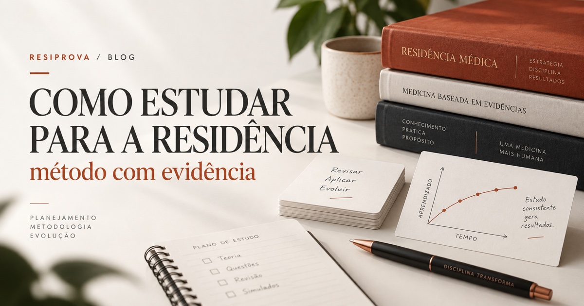Estudante de medicina revisando questões com anotações e cronograma