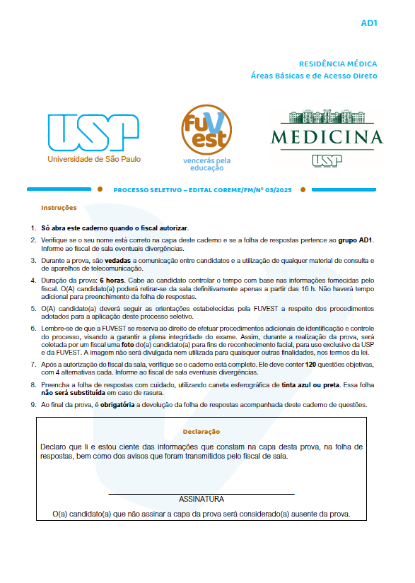 Capa oficial — USP 2026 · FUVEST · AD1 · Áreas Básicas e Acesso Direto
