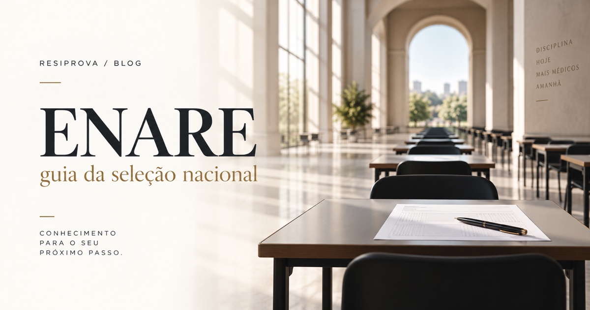 Auditório vazio de prova com carteiras alinhadas e estetoscópio sobre caderno de questões em luz dourada do final da tarde.
