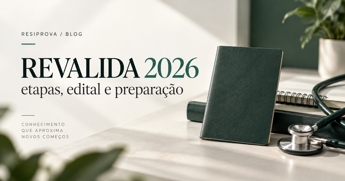 Passaporte, estetoscópio e caderno de prova sobre mesa clínica representando o Revalida 2026