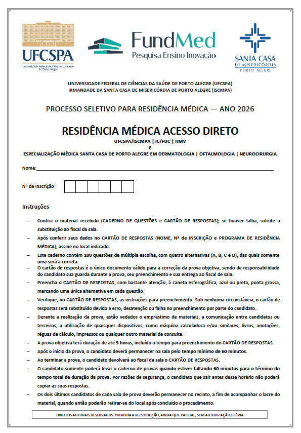Capa oficial — UFCSPA / ISCMPA Ano 2026 · Acesso Direto · Santa Casa POA